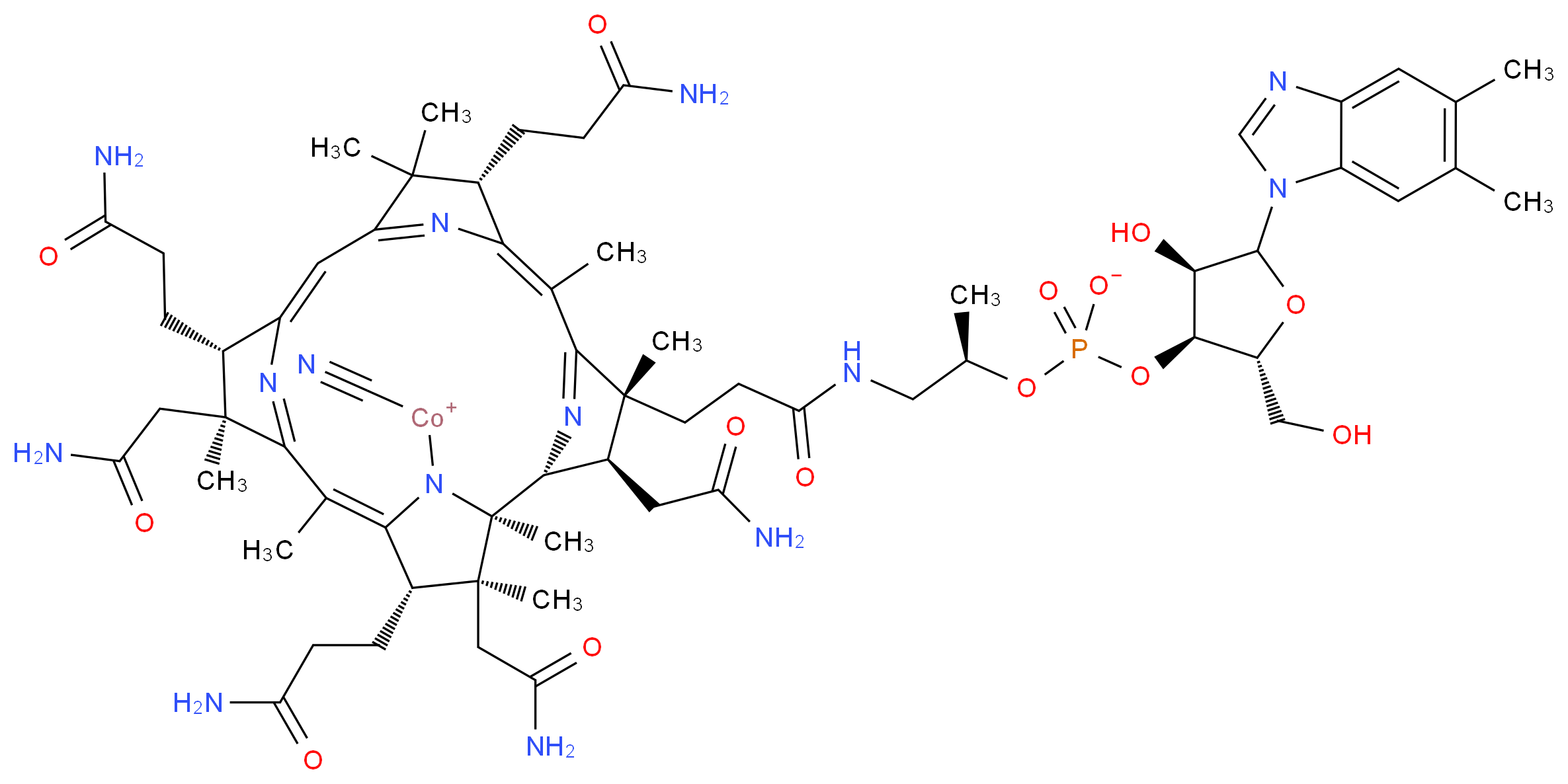 cyano[(1R,2R,3R,4R,6Z,8S,11Z,13S,14S,16E,18S,19S)-8,13,18-tris(2-carbamoylethyl)-3,14,19-tris(carbamoylmethyl)-4-(2-{[(2R)-2-{[(2R,3S,4R)-5-(5,6-dimethyl-1H-1,3-benzodiazol-1-yl)-4-hydroxy-2-(hydroxymethyl)oxolan-3-yl phosphonato]oxy}propyl]carbamoyl}ethyl)-1,4,6,9,9,14,16,19-octamethyl-20,21,22,23-tetraazapentacyclo[15.2.1.1<sup>2</sup>,<sup>5</sup>.1<sup>7</sup>,<sup>1</sup><sup>0</sup>.1<sup>1</sup><sup>2</sup>,<sup>1</sup><sup>5</sup>]tricosa-5(23),6,10(22),11,15(21),16-hexaen-20-yl]cobaltylium_分子结构_CAS_68-19-9