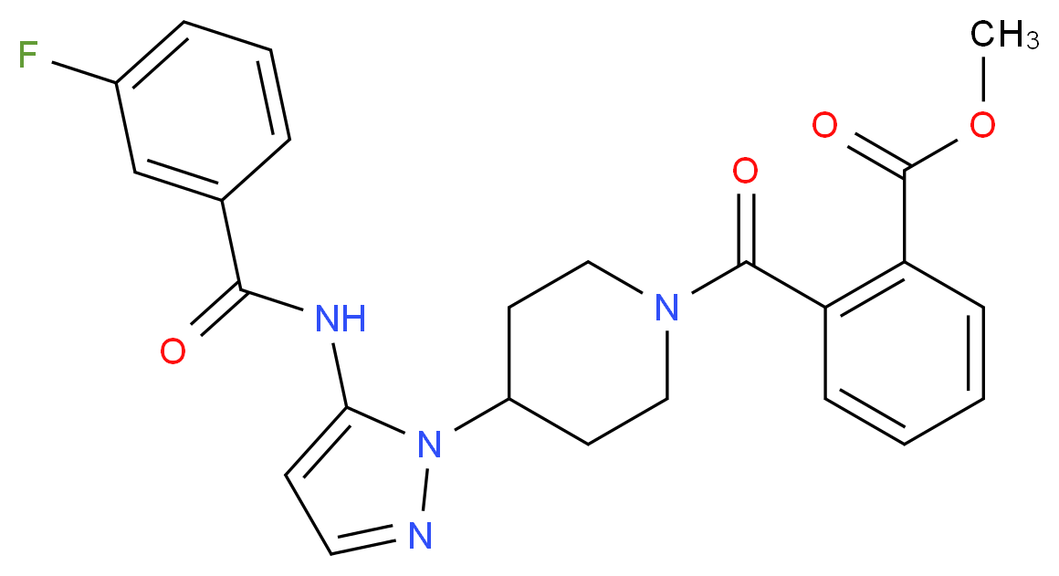 methyl 2-[(4-{5-[(3-fluorobenzoyl)amino]-1H-pyrazol-1-yl}-1-piperidinyl)carbonyl]benzoate_分子结构_CAS_)