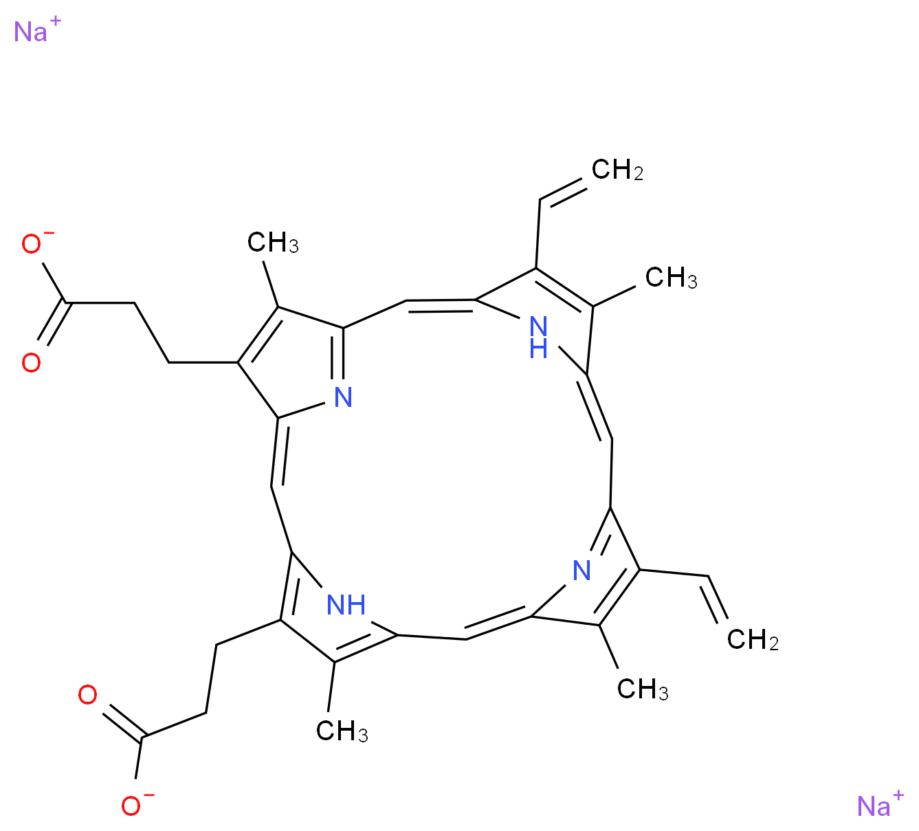 disodium 3-[20-(2-carboxylatoethyl)-10,15-diethenyl-5,9,14,19-tetramethyl-21,22,23,24-tetraazapentacyclo[16.2.1.1<sup>3</sup>,<sup>6</sup>.1<sup>8</sup>,<sup>1</sup><sup>1</sup>.1<sup>1</sup><sup>3</sup>,<sup>1</sup><sup>6</sup>]tetracosa-1,3,5,7,9,11(23),12,14,16,18(21),19-undecaen-4-yl]propanoate_分子结构_CAS_50865-01-5