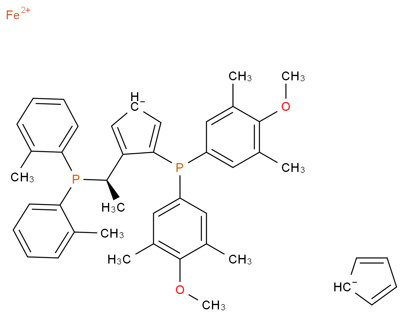λ<sup>2</sup>-iron(2+) ion 3-[(1R)-1-[bis(2-methylphenyl)phosphanyl]ethyl]-4-[bis(4-methoxy-3,5-dimethylphenyl)phosphanyl]cyclopenta-2,4-dien-1-ide cyclopenta-2,4-dien-1-ide_分子结构_CAS_849924-49-8