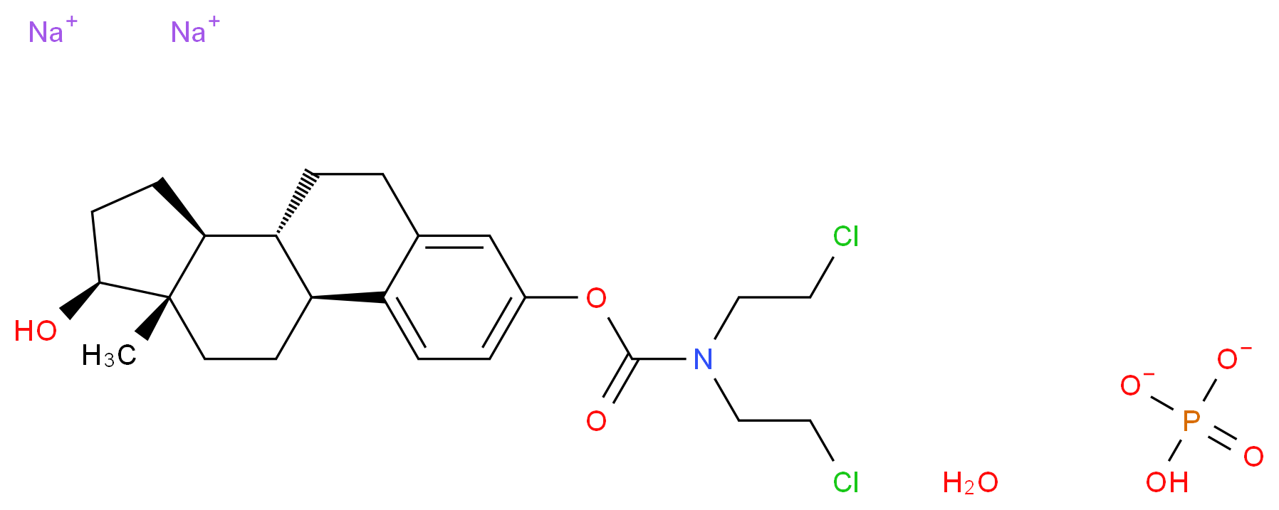 disodium (1S,10R,11S,14S,15S)-14-hydroxy-15-methyltetracyclo[8.7.0.0<sup>2</sup>,<sup>7</sup>.0<sup>1</sup><sup>1</sup>,<sup>1</sup><sup>5</sup>]heptadeca-2,4,6-trien-5-yl N,N-bis(2-chloroethyl)carbamate hydrate hydrogen phosphate_分子结构_CAS_52205-73-9
