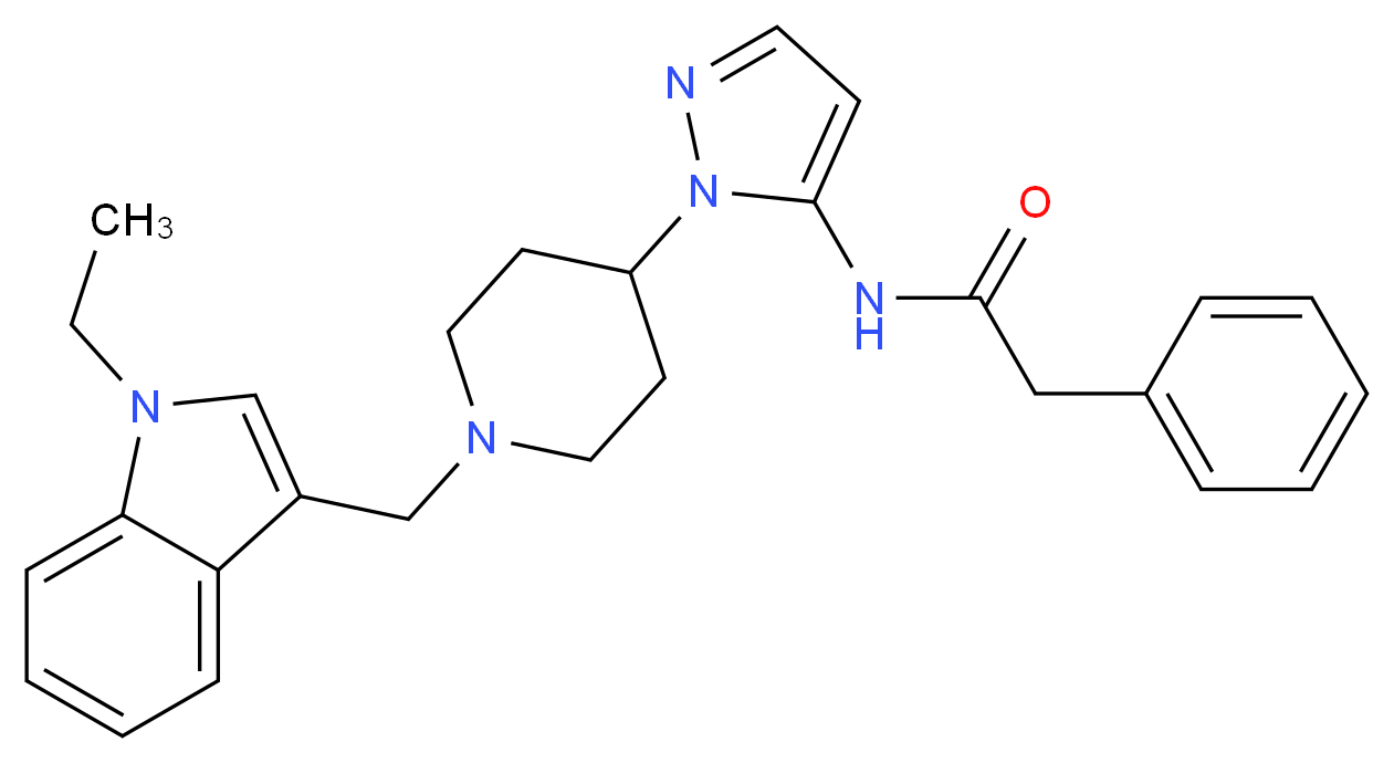 N-(1-{1-[(1-ethyl-1H-indol-3-yl)methyl]-4-piperidinyl}-1H-pyrazol-5-yl)-2-phenylacetamide_分子结构_CAS_)