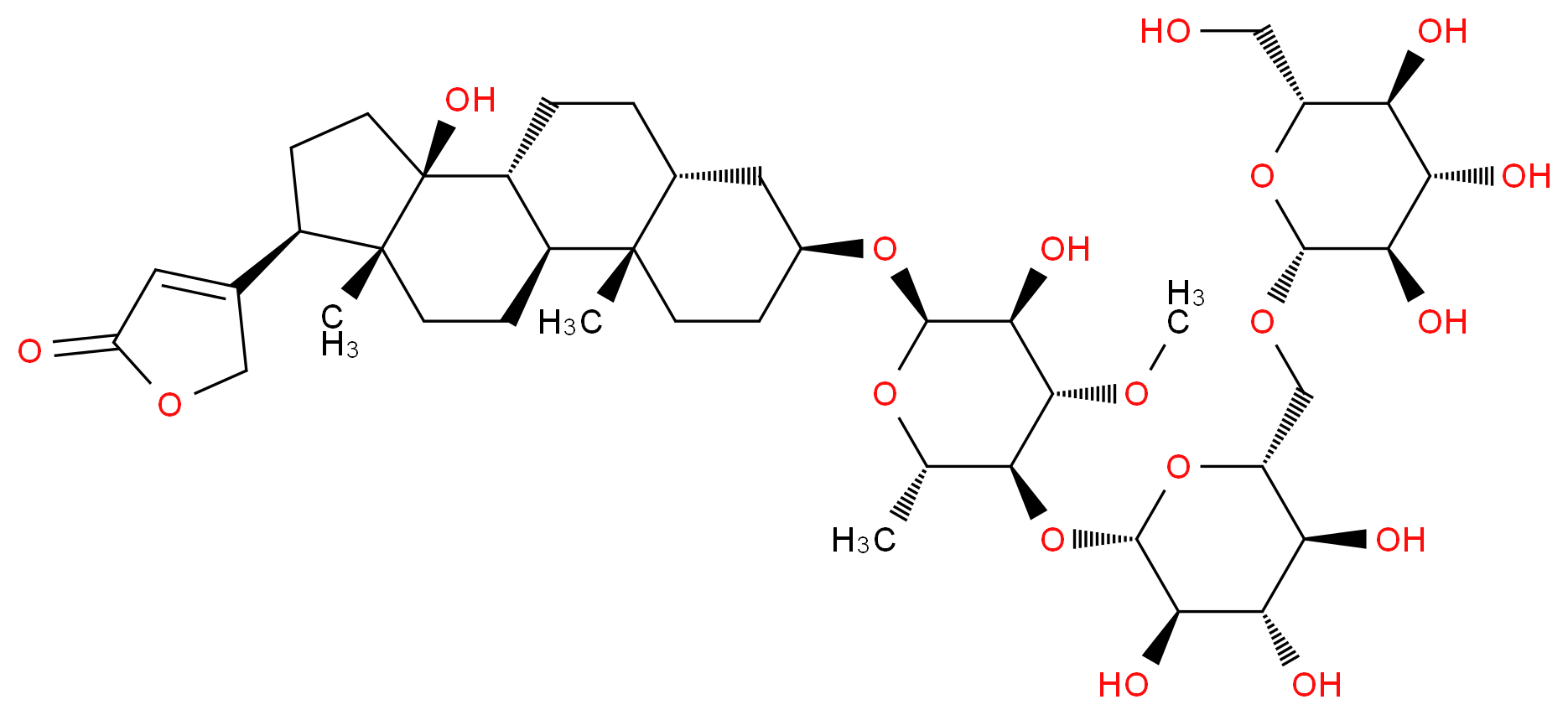 4-[(1S,2S,5S,7R,10R,11S,14R,15R)-11-hydroxy-5-{[(2R,3S,4S,5S,6S)-3-hydroxy-4-methoxy-6-methyl-5-{[(2S,3R,4S,5S,6R)-3,4,5-trihydroxy-6-({[(2R,3R,4S,5S,6R)-3,4,5-trihydroxy-6-(hydroxymethyl)oxan-2-yl]oxy}methyl)oxan-2-yl]oxy}oxan-2-yl]oxy}-2,15-dimethyltetracyclo[8.7.0.0<sup>2</sup>,<sup>7</sup>.0<sup>1</sup><sup>1</sup>,<sup>1</sup><sup>5</sup>]heptadecan-14-yl]-2,5-dihydrofuran-2-one_分子结构_CAS_27127-79-3