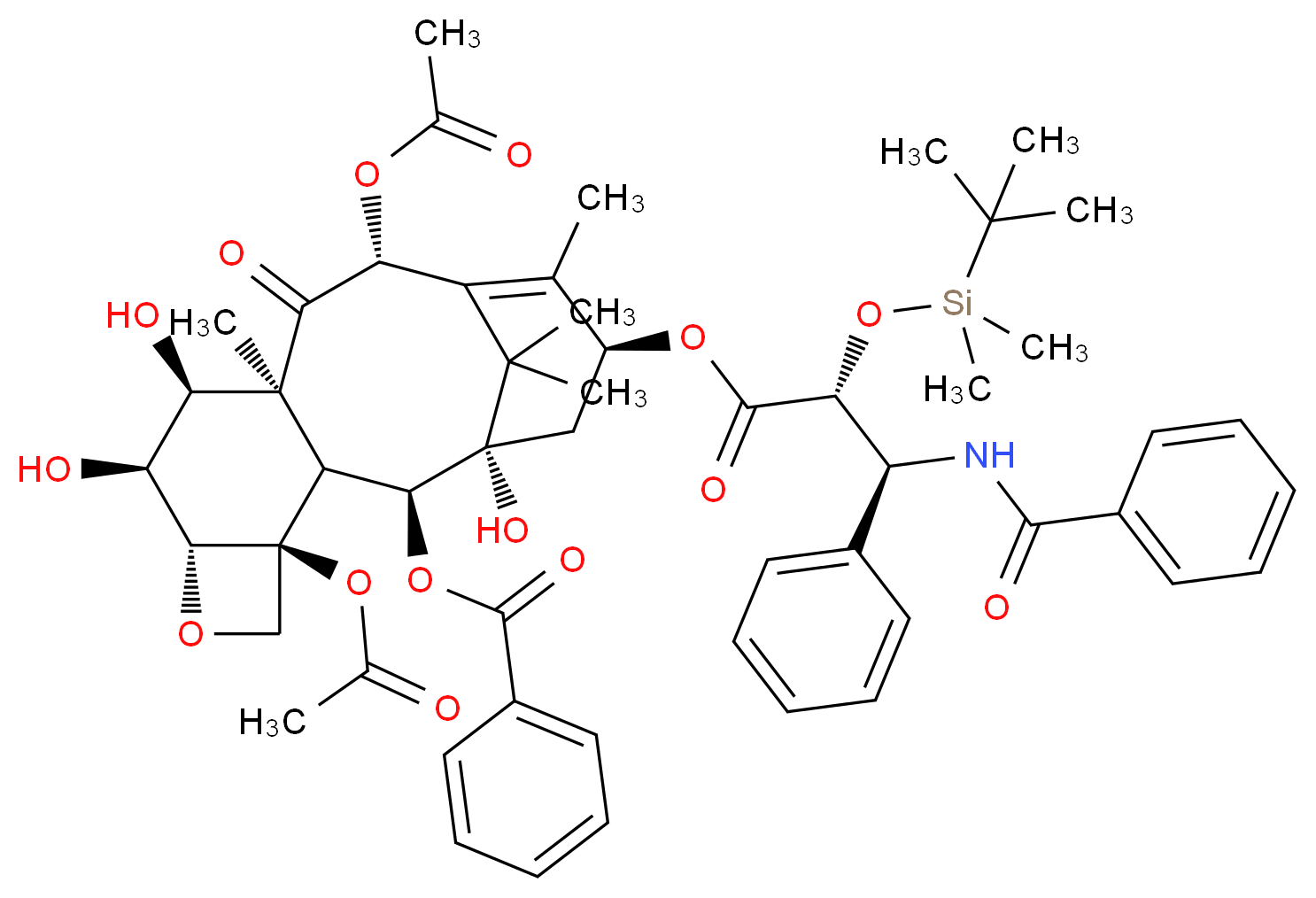 (1S,2S,4S,7R,8S,9S,10S,12R,15S)-4,12-bis(acetyloxy)-15-{[(2R,3S)-2-[(tert-butyldimethylsilyl)oxy]-3-phenyl-3-(phenylformamido)propanoyl]oxy}-1,8,9-trihydroxy-10,14,17,17-tetramethyl-11-oxo-6-oxatetracyclo[11.3.1.0<sup>3</sup>,<sup>1</sup><sup>0</sup>.0<sup>4</sup>,<sup>7</sup>]heptadec-13-en-2-yl benzoate_分子结构_CAS_165065-08-7