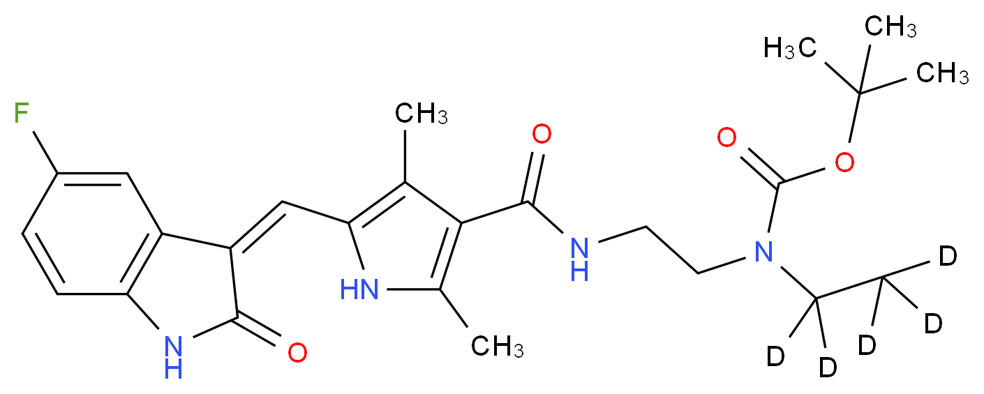 tert-butyl N-(<sup>2</sup>H<sub>5</sub>)ethyl-N-{2-[(5-{[(3Z)-5-fluoro-2-oxo-2,3-dihydro-1H-indol-3-ylidene]methyl}-2,4-dimethyl-1H-pyrrol-3-yl)formamido]ethyl}carbamate_分子结构_CAS_1246832-84-7