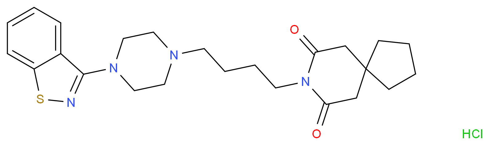 8-{4-[4-(1,2-benzothiazol-3-yl)piperazin-1-yl]butyl}-8-azaspiro[4.5]decane-7,9-dione hydrochloride_分子结构_CAS_87691-92-7