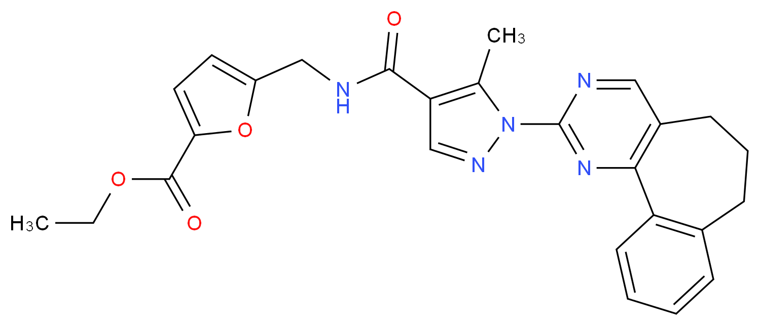 ethyl 5-[({[1-(6,7-dihydro-5H-benzo[6,7]cyclohepta[1,2-d]pyrimidin-2-yl)-5-methyl-1H-pyrazol-4-yl]carbonyl}amino)methyl]-2-furoate_分子结构_CAS_)