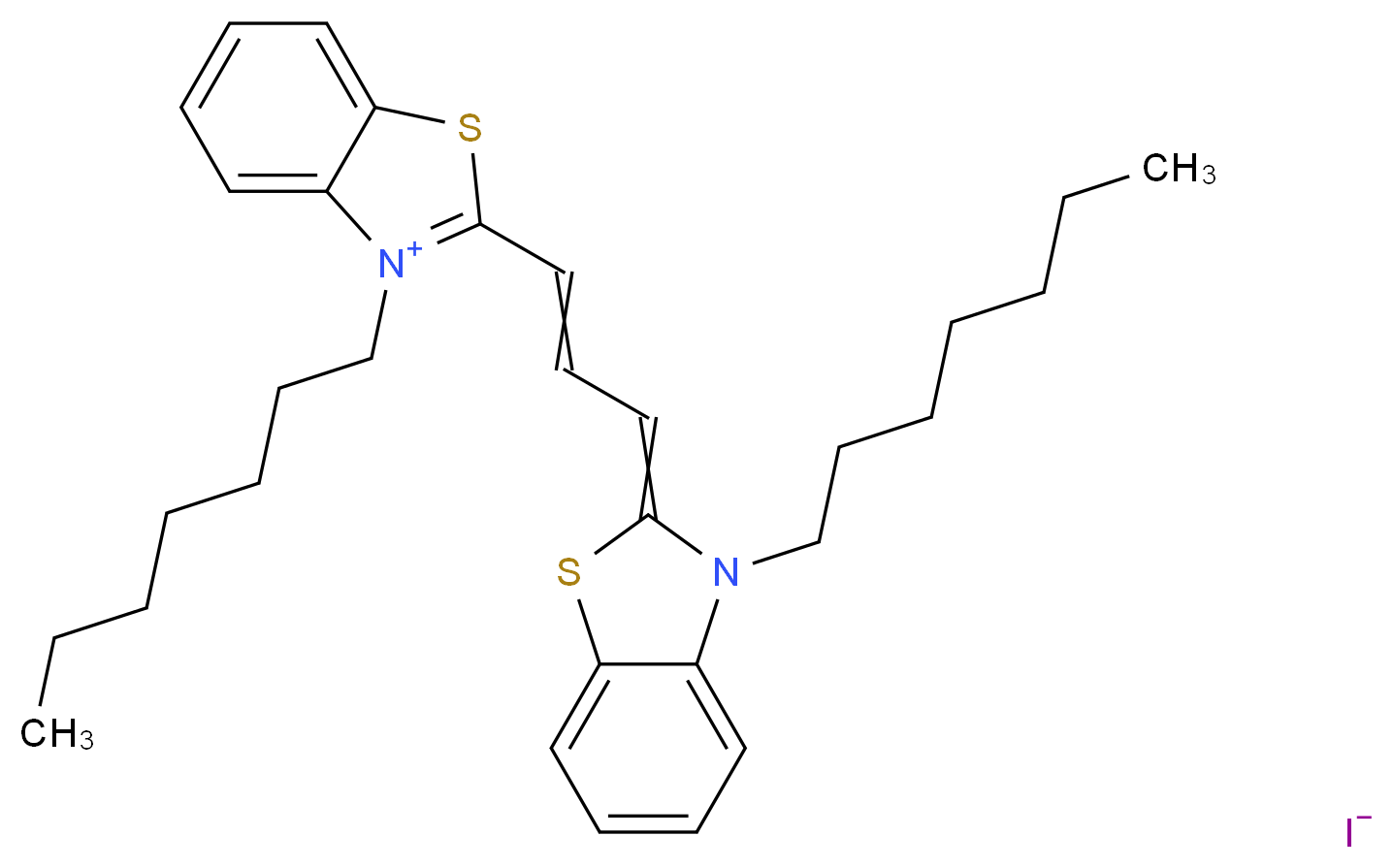 3-heptyl-2-[3-(3-heptyl-2,3-dihydro-1,3-benzothiazol-2-ylidene)prop-1-en-1-yl]-1,3-benzothiazol-3-ium iodide_分子结构_CAS_53213-88-0