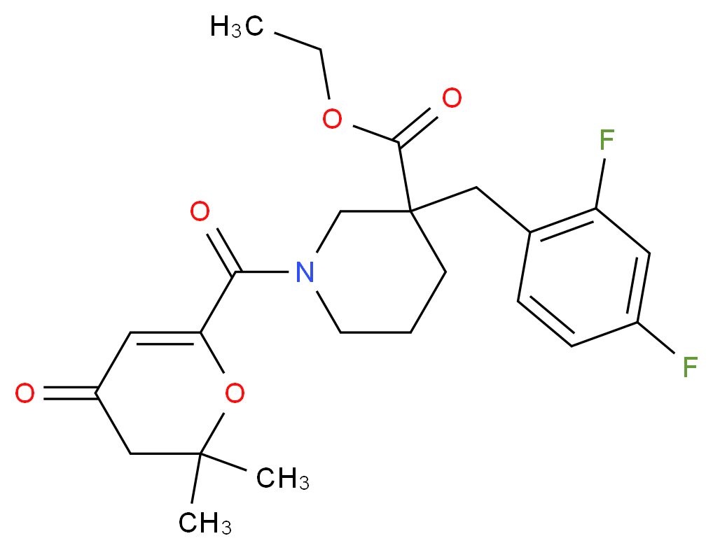 ethyl 3-(2,4-difluorobenzyl)-1-[(2,2-dimethyl-4-oxo-3,4-dihydro-2H-pyran-6-yl)carbonyl]-3-piperidinecarboxylate_分子结构_CAS_)