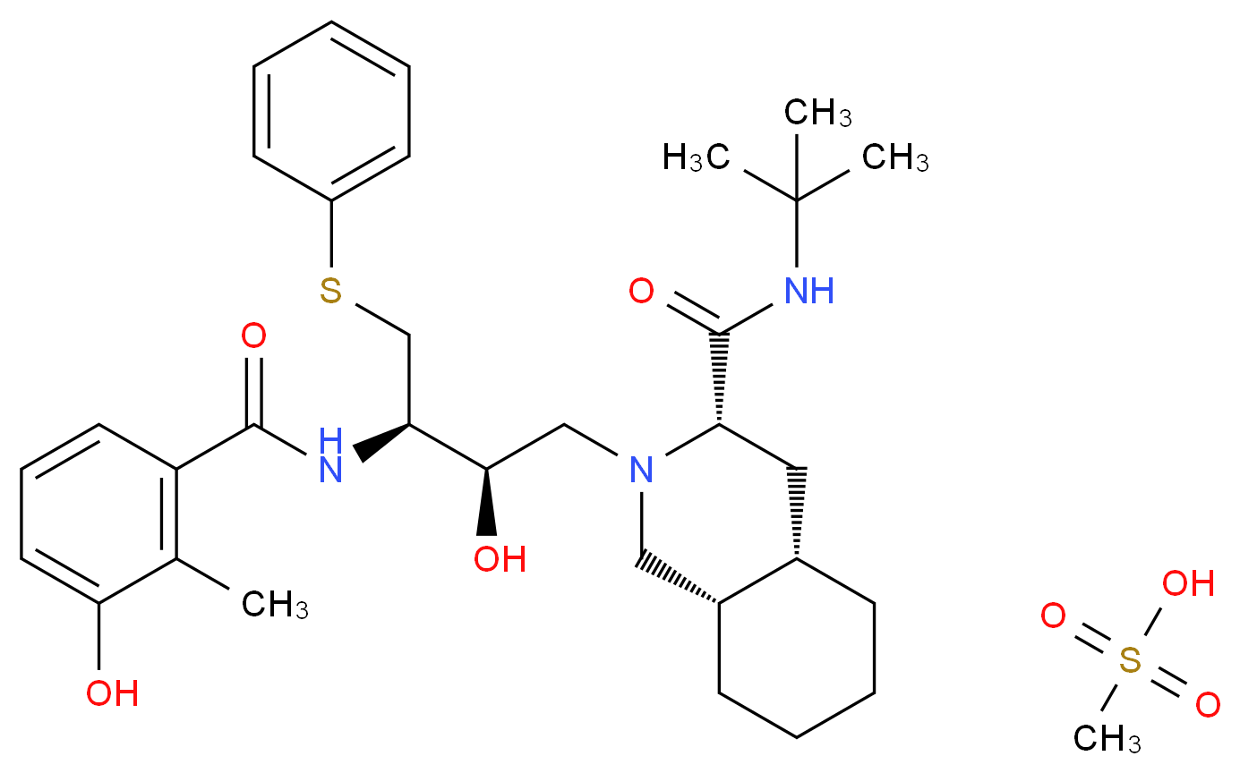 (3S,4aS,8aS)-N-tert-butyl-2-[(2R,3R)-2-hydroxy-3-[(3-hydroxy-2-methylphenyl)formamido]-4-(phenylsulfanyl)butyl]-decahydroisoquinoline-3-carboxamide; methanesulfonic acid_分子结构_CAS_159989-65-8(anhydrous)