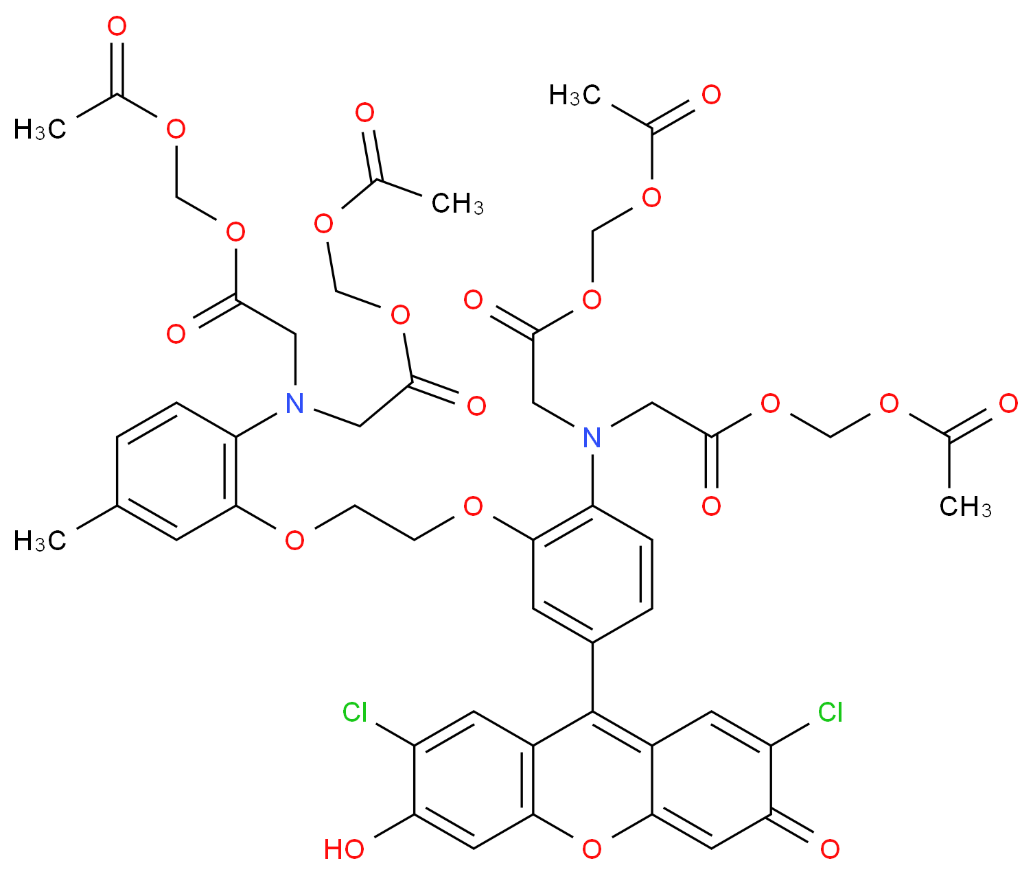 (acetyloxy)methyl 2-({2-[(acetyloxy)methoxy]-2-oxoethyl}[2-(2-{2-[bis({2-[(acetyloxy)methoxy]-2-oxoethyl})amino]-5-(2,7-dichloro-6-hydroxy-3-oxo-3H-xanthen-9-yl)phenoxy}ethoxy)-4-methylphenyl]amino)acetate_分子结构_CAS_121714-22-5