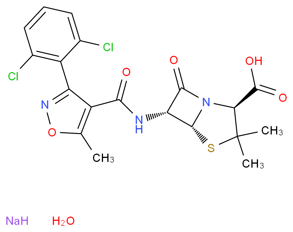 (2S,5R,6R)-6-[3-(2,6-dichlorophenyl)-5-methyl-1,2-oxazole-4-amido]-3,3-dimethyl-7-oxo-4-thia-1-azabicyclo[3.2.0]heptane-2-carboxylic acid hydrate sodium_分子结构_CAS_13412-64-1