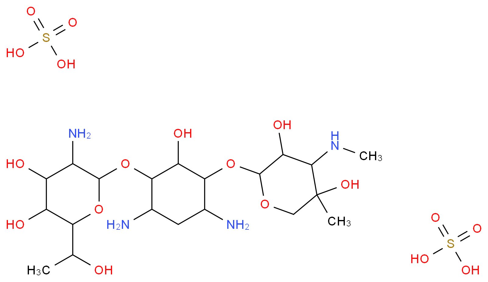 2-[(4,6-diamino-3-{[3-amino-4,5-dihydroxy-6-(1-hydroxyethyl)oxan-2-yl]oxy}-2-hydroxycyclohexyl)oxy]-5-methyl-4-(methylamino)oxane-3,5-diol; bis(sulfuric acid)_分子结构_CAS_108321-42-2