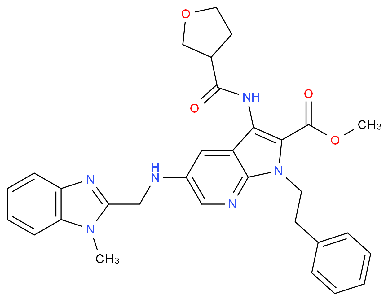 methyl 5-{[(1-methyl-1H-benzimidazol-2-yl)methyl]amino}-1-(2-phenylethyl)-3-[(tetrahydro-3-furanylcarbonyl)amino]-1H-pyrrolo[2,3-b]pyridine-2-carboxylate_分子结构_CAS_)