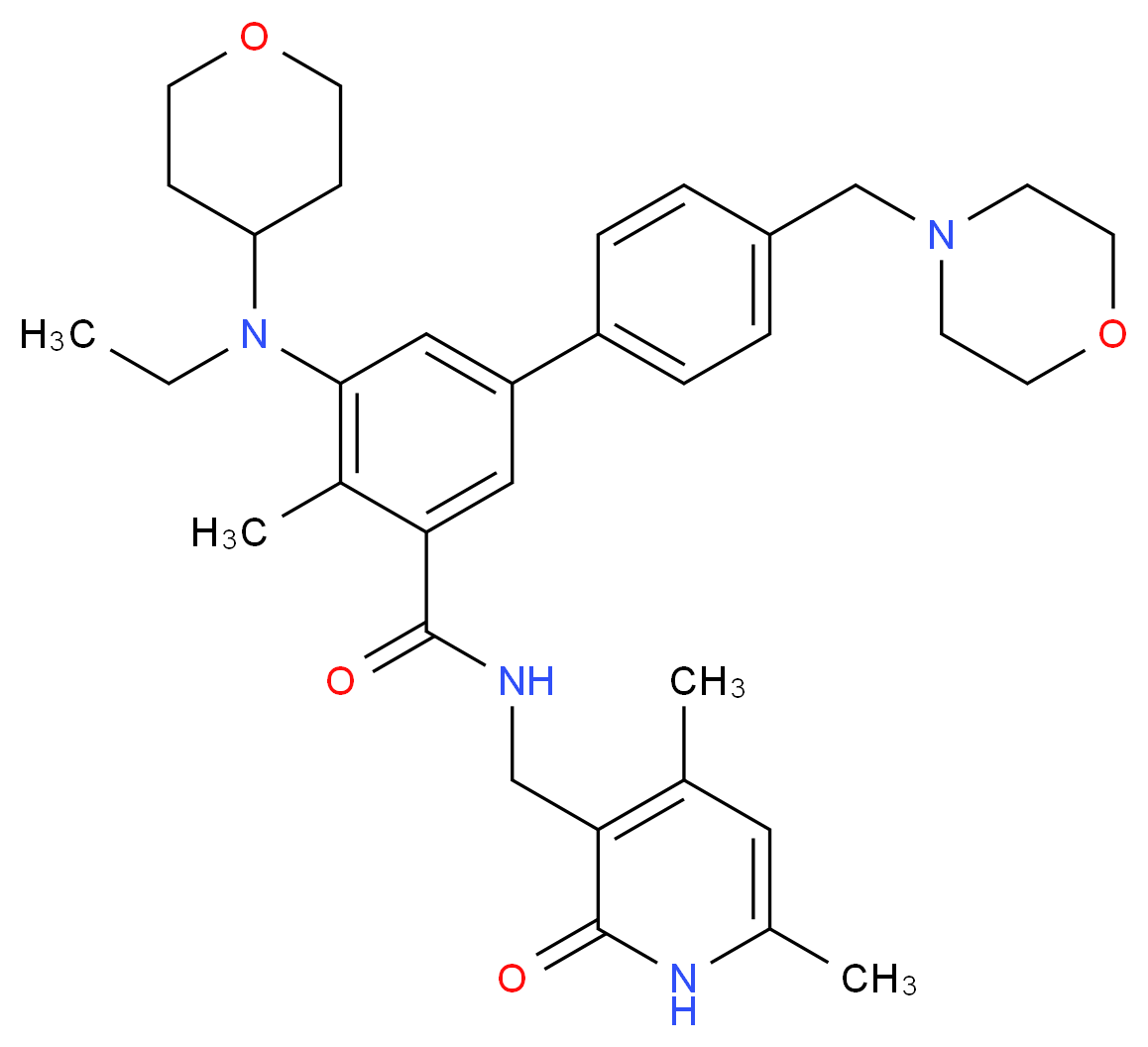 N-[(4,6-dimethyl-2-oxo-1,2-dihydropyridin-3-yl)methyl]-3-[ethyl(oxan-4-yl)amino]-2-methyl-5-[4-(morpholin-4-ylmethyl)phenyl]benzamide_分子结构_CAS_1403254-99-8