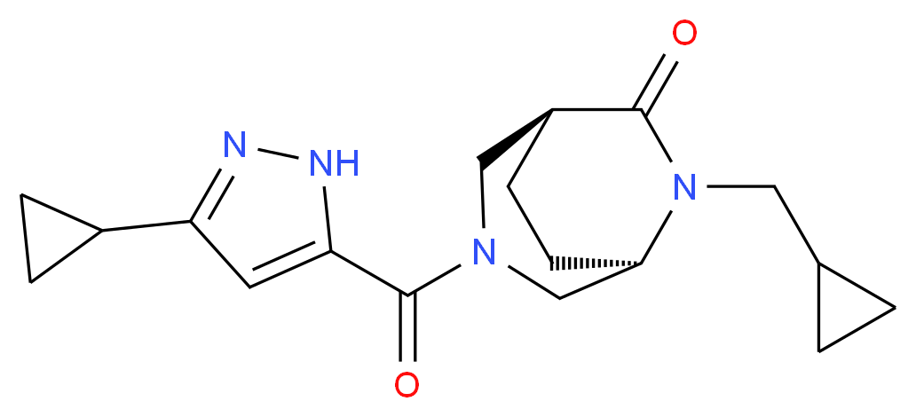 (1S*,5R*)-6-(cyclopropylmethyl)-3-[(3-cyclopropyl-1H-pyrazol-5-yl)carbonyl]-3,6-diazabicyclo[3.2.2]nonan-7-one_分子结构_CAS_)
