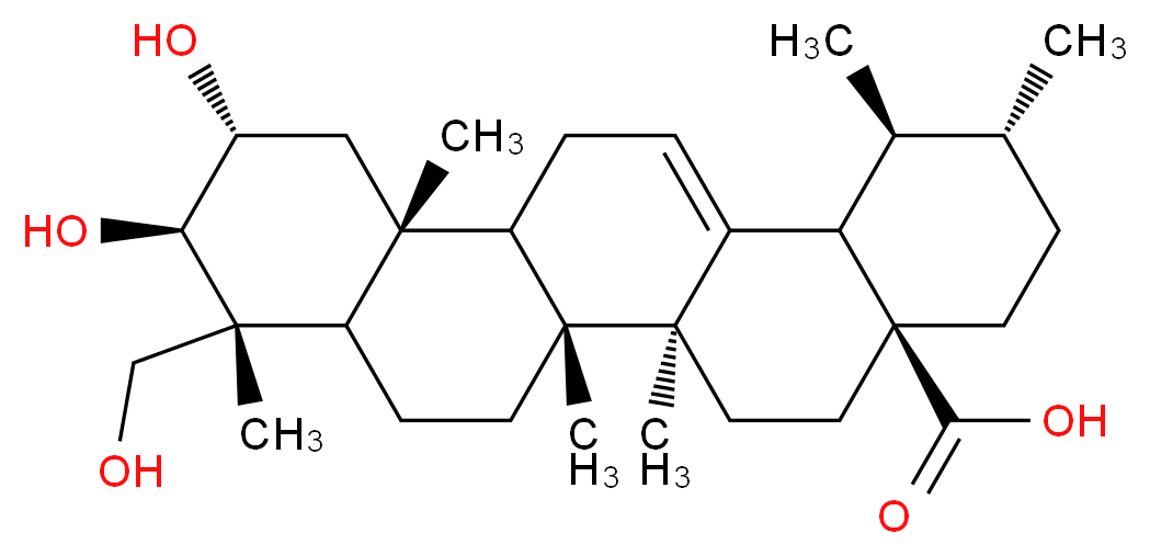 (1S,2R,4aS,6aS,6bR,9R,10R,11R,12aR)-10,11-dihydroxy-9-(hydroxymethyl)-1,2,6a,6b,9,12a-hexamethyl-1,2,3,4,4a,5,6,6a,6b,7,8,8a,9,10,11,12,12a,12b,13,14b-icosahydropicene-4a-carboxylic acid_分子结构_CAS_464-92-6