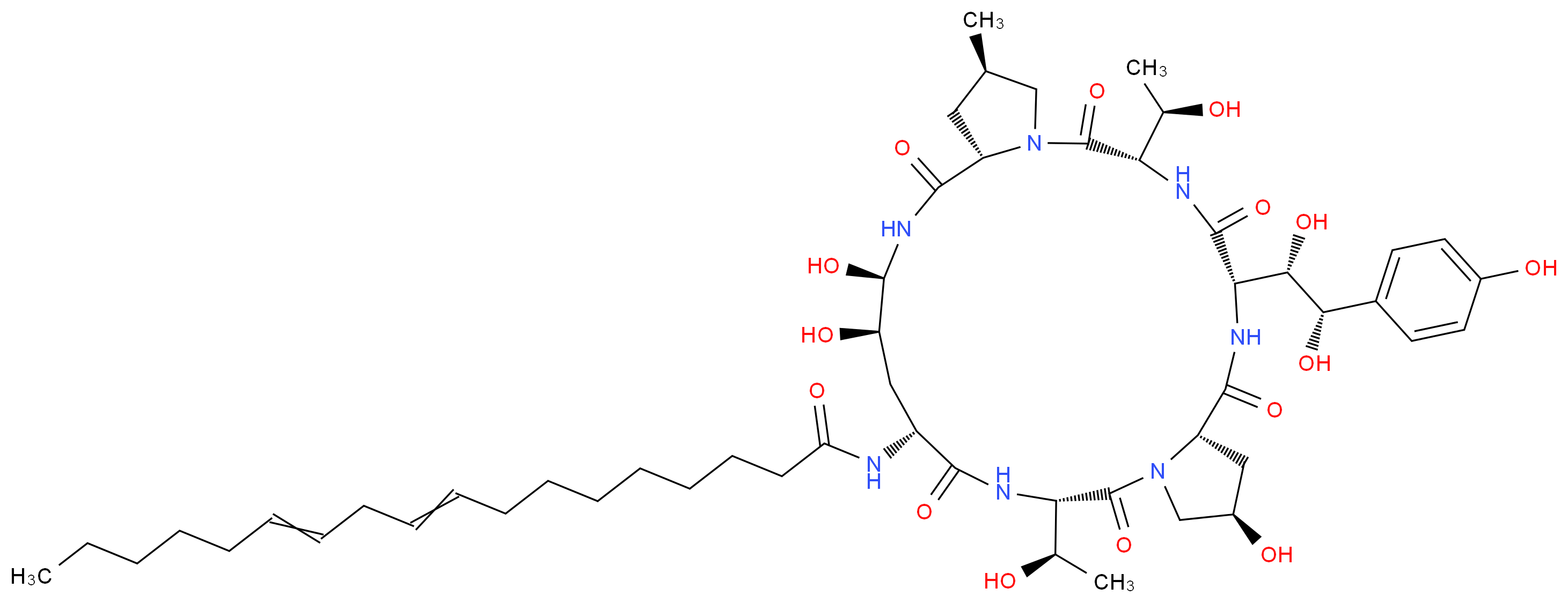 N-[(3S,6S,9S,11R,15S,18R,20R,21R,24S,26R)-6-[(1S,2S)-1,2-dihydroxy-2-(4-hydroxyphenyl)ethyl]-11,20,21-trihydroxy-3,15-bis[(1R)-1-hydroxyethyl]-26-methyl-2,5,8,14,17,23-hexaoxo-1,4,7,13,16,22-hexaazatricyclo[22.3.0.0<sup>9</sup>,<sup>1</sup><sup>3</sup>]heptacosan-18-yl]octadeca-9,12-dienamide_分子结构_CAS_54651-05-7