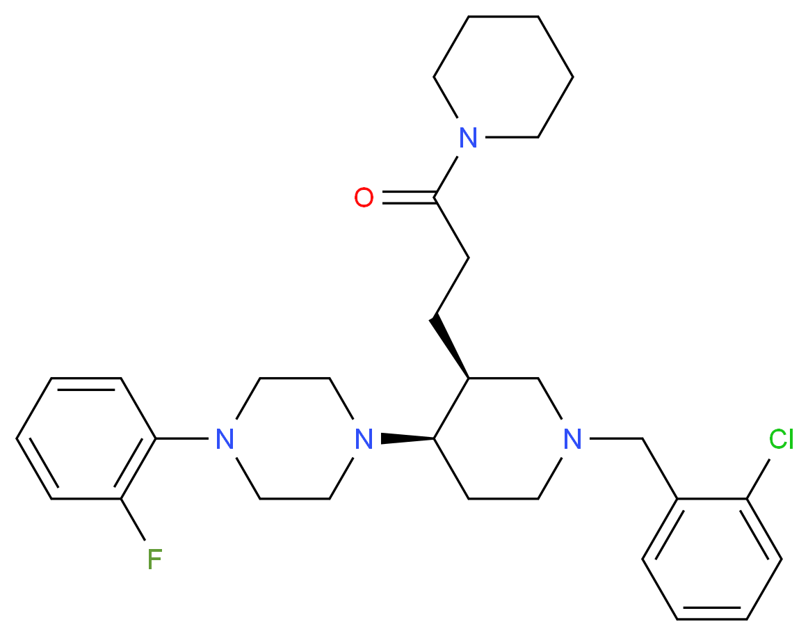 1-{(3S*,4R*)-1-(2-chlorobenzyl)-3-[3-oxo-3-(1-piperidinyl)propyl]-4-piperidinyl}-4-(2-fluorophenyl)piperazine_分子结构_CAS_)