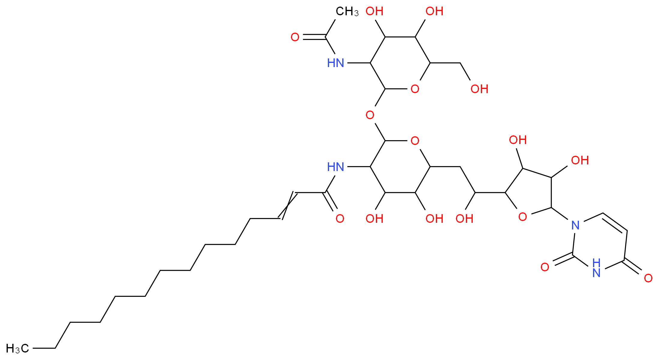 N-(6-{2-[5-(2,4-dioxo-1,2,3,4-tetrahydropyrimidin-1-yl)-3,4-dihydroxyoxolan-2-yl]-2-hydroxyethyl}-2-{[3-acetamido-4,5-dihydroxy-6-(hydroxymethyl)oxan-2-yl]oxy}-4,5-dihydroxyoxan-3-yl)tetradec-2-enamide_分子结构_CAS_76544-45-1