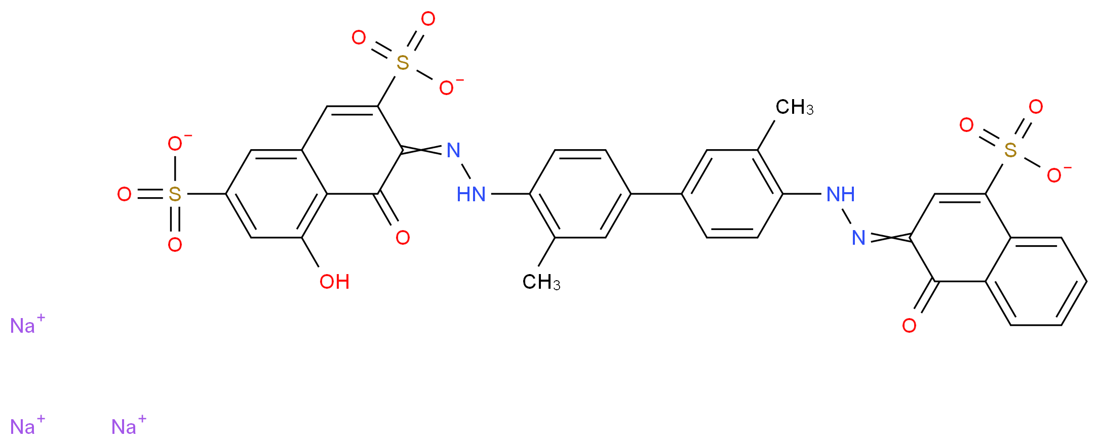 trisodium 5-hydroxy-3-[2-(2-methyl-4-{3-methyl-4-[2-(1-oxo-4-sulfonato-1,2-dihydronaphthalen-2-ylidene)hydrazin-1-yl]phenyl}phenyl)hydrazin-1-ylidene]-4-oxo-3,4-dihydronaphthalene-2,7-disulfonate_分子结构_CAS_5442-09-1