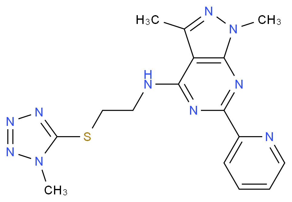 1,3-dimethyl-N-{2-[(1-methyl-1H-tetrazol-5-yl)thio]ethyl}-6-(2-pyridinyl)-1H-pyrazolo[3,4-d]pyrimidin-4-amine_分子结构_CAS_)