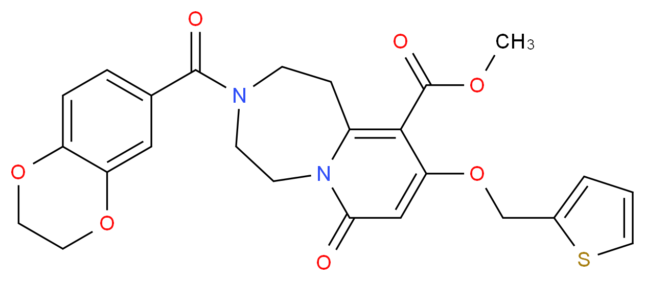 methyl 3-(2,3-dihydro-1,4-benzodioxin-6-ylcarbonyl)-7-oxo-9-(2-thienylmethoxy)-1,2,3,4,5,7-hexahydropyrido[1,2-d][1,4]diazepine-10-carboxylate_分子结构_CAS_)