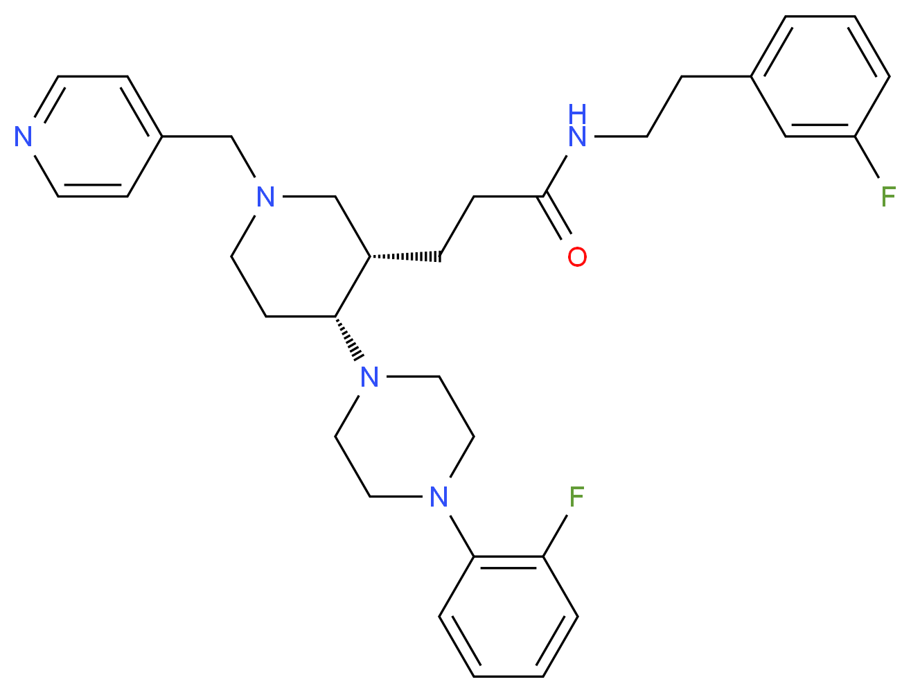 N-[2-(3-fluorophenyl)ethyl]-3-[(3S*,4R*)-4-[4-(2-fluorophenyl)-1-piperazinyl]-1-(4-pyridinylmethyl)-3-piperidinyl]propanamide_分子结构_CAS_)
