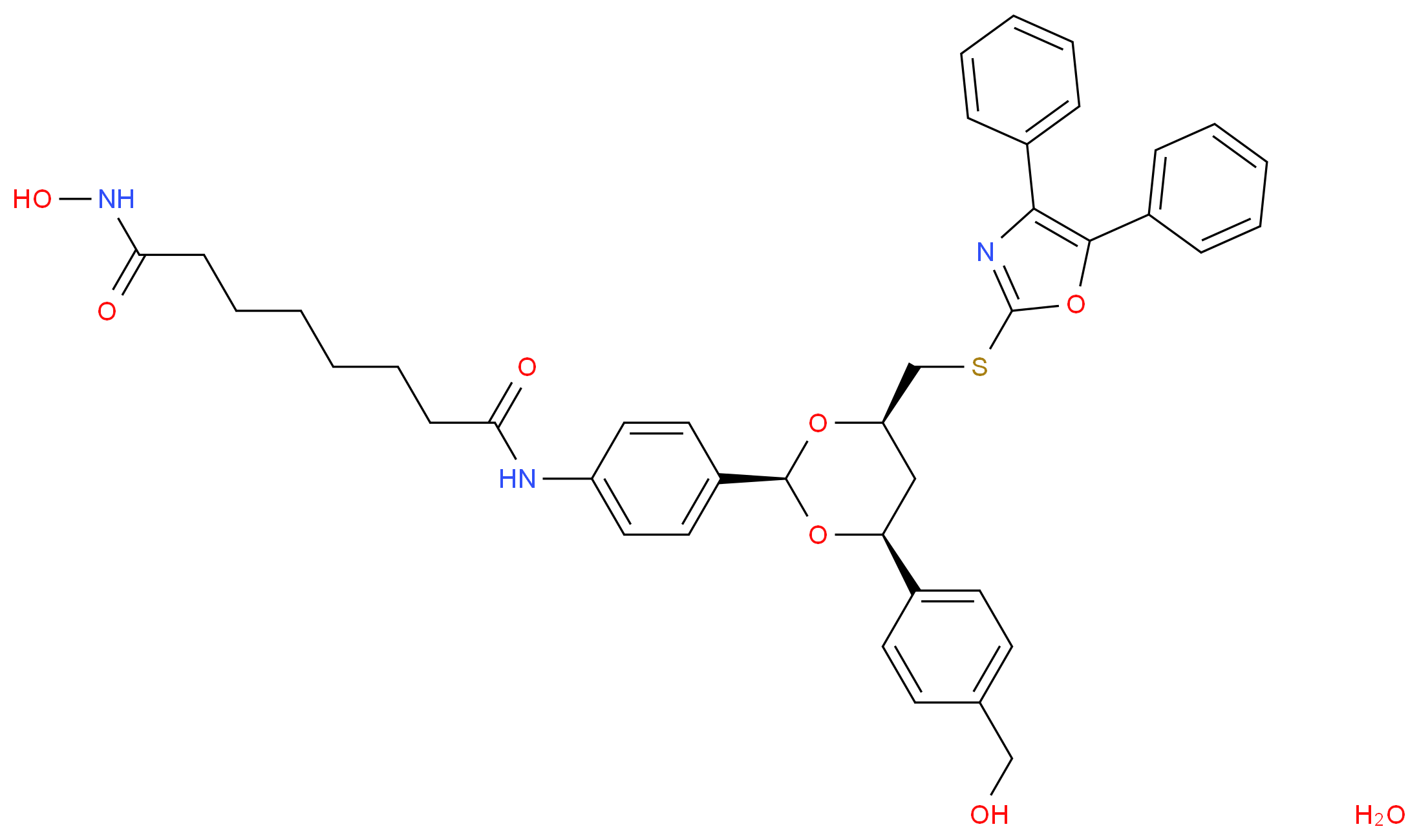 N-{4-[(2R,4R,6S)-4-{[(diphenyl-1,3-oxazol-2-yl)sulfanyl]methyl}-6-[4-(hydroxymethyl)phenyl]-1,3-dioxan-2-yl]phenyl}-N'-hydroxyoctanediamide hydrate_分子结构_CAS_537049-40-4