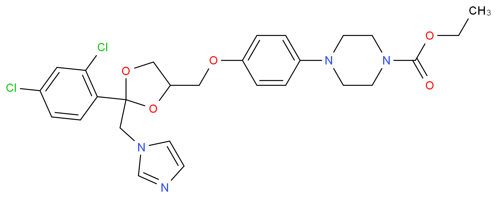 cis-4-{4-(2-(2,4-dichlorophenyl)-2-(1h-imidazol-1-methyl)-1,3-dioxolane-4-methoxy)phenyl}piperazinecarboxylic acid ethyl ester_分子结构_CAS_67914-69-6)