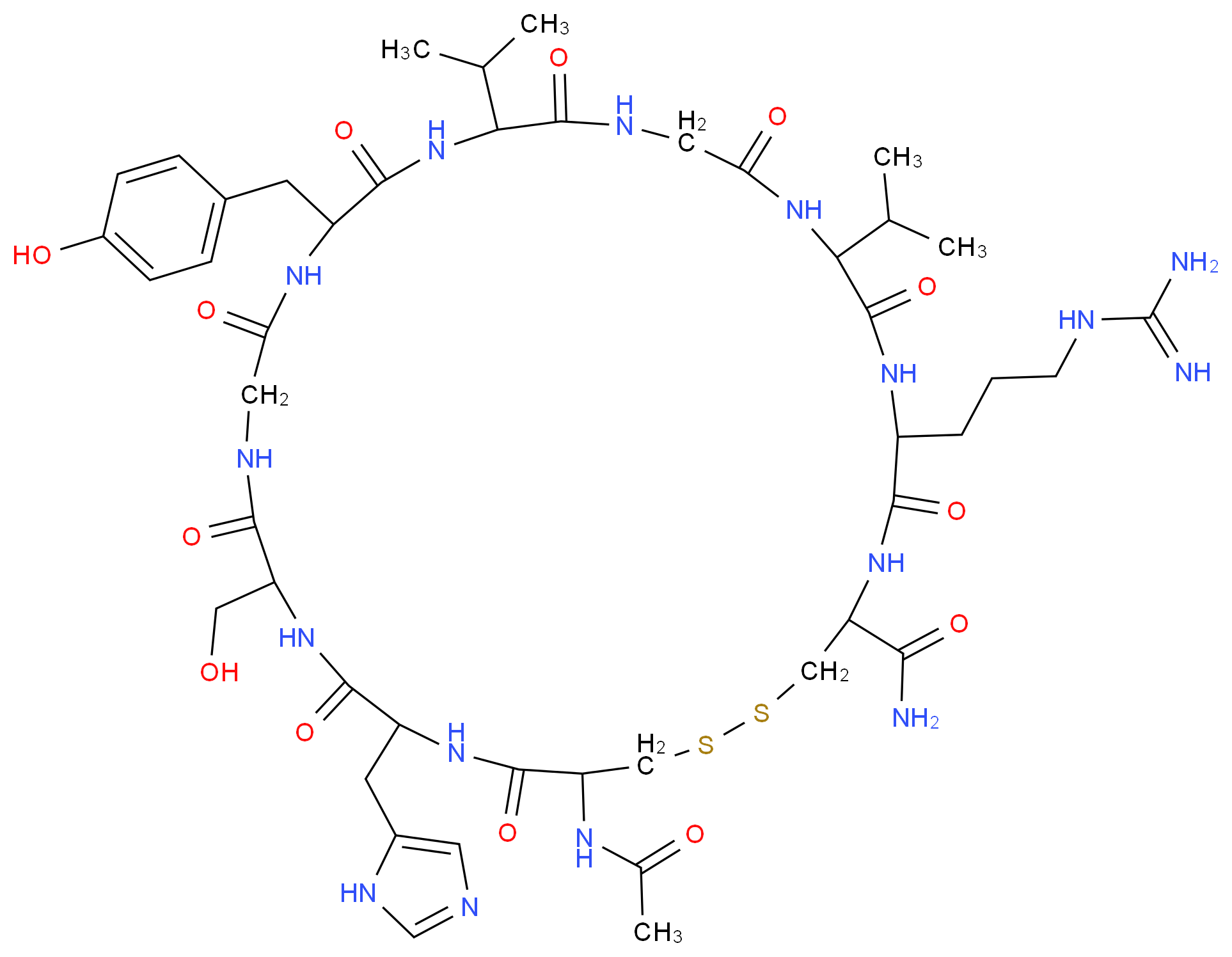 7-(3-carbamimidamidopropyl)-31-acetamido-25-(hydroxymethyl)-19-[(4-hydroxyphenyl)methyl]-28-(1H-imidazol-5-ylmethyl)-6,9,12,15,18,21,24,27,30-nonaoxo-10,16-bis(propan-2-yl)-1,2-dithia-5,8,11,14,17,20,23,26,29-nonaazacyclodotriacontane-4-carboxamide_分子结构_CAS_97505-76-5