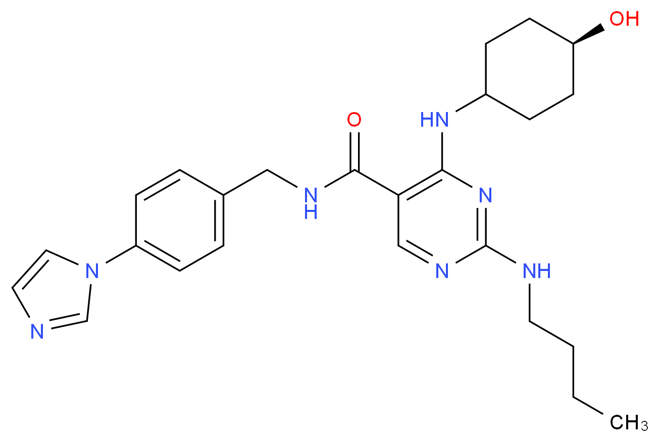 2-(butylamino)-4-[(4-hydroxycyclohexyl)amino]-N-{[4-(1H-imidazol-1-yl)phenyl]methyl}pyrimidine-5-carboxamide_分子结构_CAS_1493764-08-1