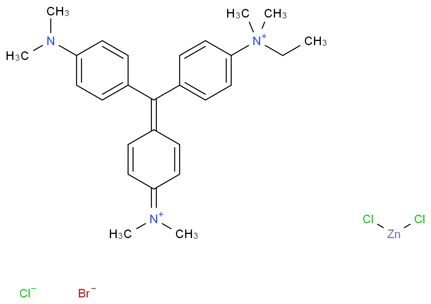4-{[4-(dimethylamino)phenyl][4-(dimethyliminiumyl)cyclohexa-2,5-dien-1-ylidene]methyl}-N-ethyl-N,N-dimethylanilinium dichlorozinc bromide chloride_分子结构_CAS_7114-03-6