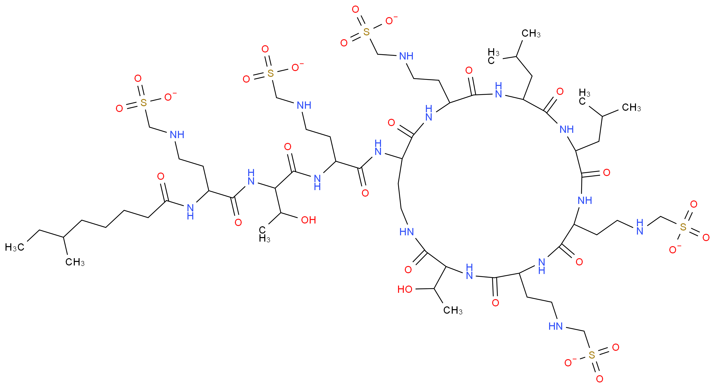 [(3-{3-hydroxy-2-[2-(6-methyloctanamido)-4-[(sulfonatomethyl)amino]butanamido]butanamido}-3-{[3-(1-hydroxyethyl)-12,15-bis(2-methylpropyl)-2,5,8,11,14,17,20-heptaoxo-6,9,18-tris({2-[(sulfonatomethyl)amino]ethyl})-1,4,7,10,13,16,19-heptaazacyclotricosan-21-yl]carbamoyl}propyl)amino]methanesulfonate_分子结构_CAS_8068-28-8