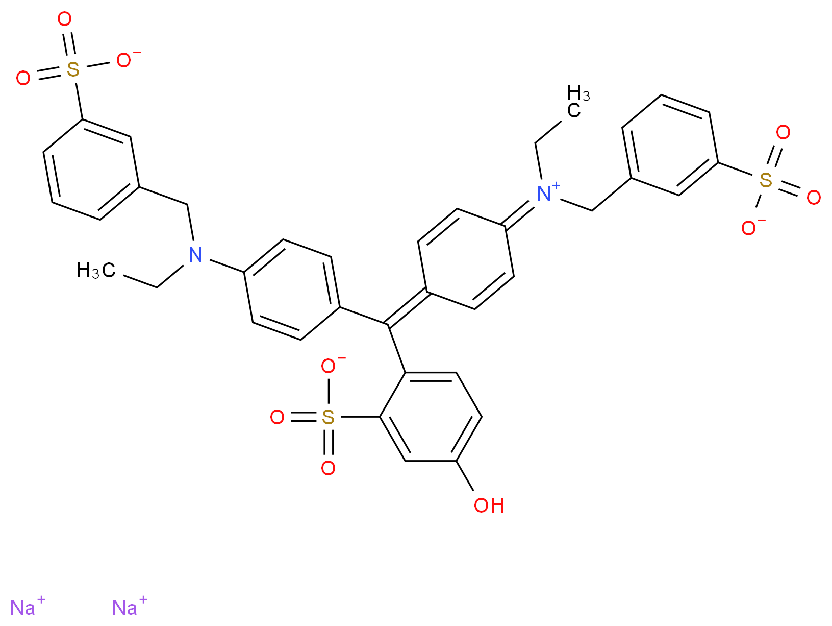 disodium 2-[(4-{ethyl[(3-sulfonatophenyl)methyl]amino}phenyl)(4-{ethyl[(3-sulfonatophenyl)methyl]iminiumyl}cyclohexa-2,5-dien-1-ylidene)methyl]-5-hydroxybenzene-1-sulfonate_分子结构_CAS_2353-45-9