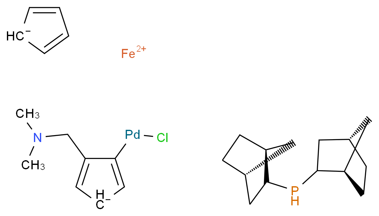 λ<sup>2</sup>-iron(2+) ion (1R,4S)-bicyclo[2.2.1]heptan-2-yl(1S,4R)-bicyclo[2.2.1]heptan-2-ylphosphane chloro({5-[(dimethylamino)methyl]cyclopenta-1,4-dien-3-id-1-yl})palladium cyclopenta-2,4-dien-1-ide_分子结构_CAS_614753-51-4