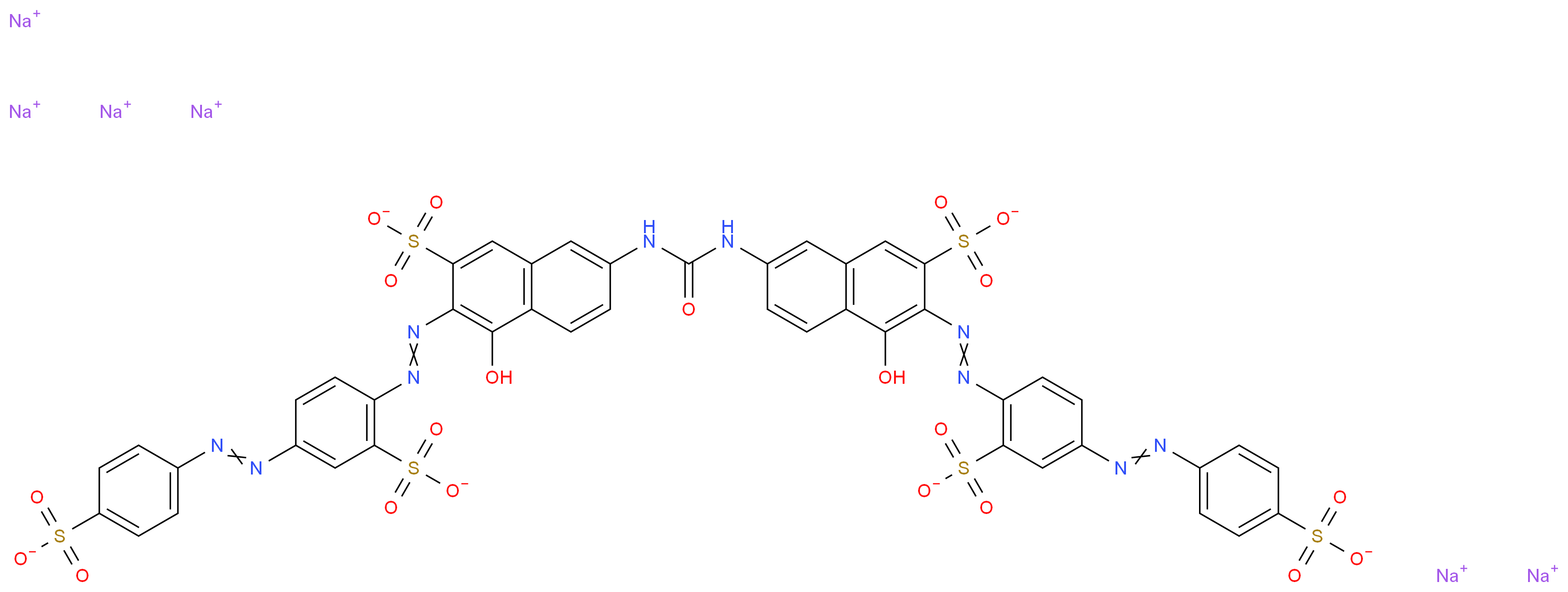 hexasodium 4-hydroxy-7-({[5-hydroxy-7-sulfonato-6-(2-{2-sulfonato-4-[2-(4-sulfonatophenyl)diazen-1-yl]phenyl}diazen-1-yl)naphthalen-2-yl]carbamoyl}amino)-3-(2-{2-sulfonato-4-[2-(4-sulfonatophenyl)diazen-1-yl]phenyl}diazen-1-yl)naphthalene-2-sulfonate_分子结构_CAS_2610-10-8