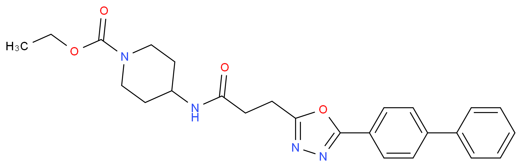 ethyl 4-({3-[5-(4-biphenylyl)-1,3,4-oxadiazol-2-yl]propanoyl}amino)-1-piperidinecarboxylate_分子结构_CAS_)