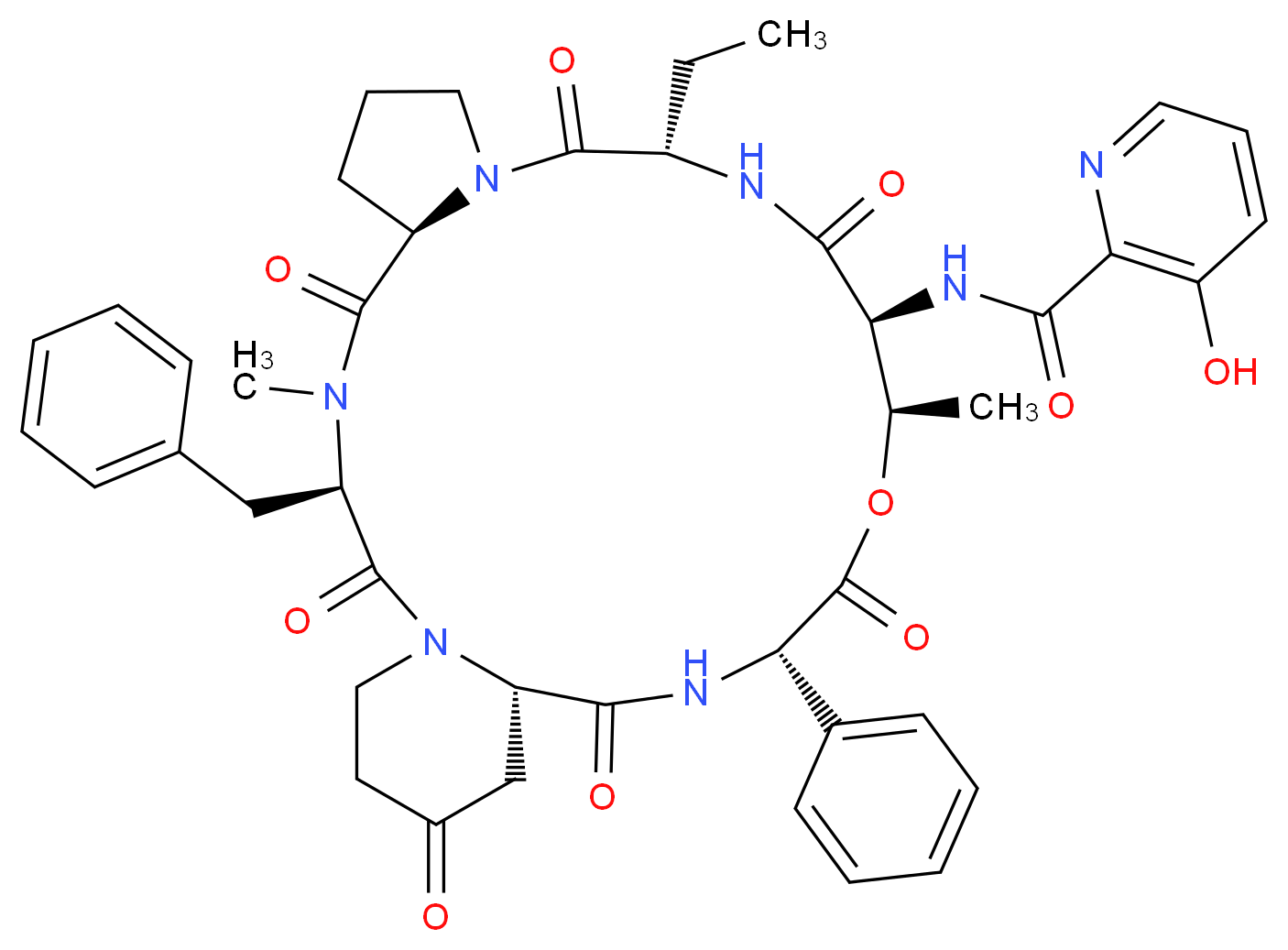 N-[(3R,6R,12S,15S,16R,19S,22S)-3-benzyl-12-ethyl-4,16-dimethyl-2,5,11,14,18,21,24-heptaoxo-19-phenyl-17-oxa-1,4,10,13,20-pentaazatricyclo[20.4.0.0^{6,10}]hexacosan-15-yl]-3-hydroxypyridine-2-carboxamide_分子结构_CAS_23152-29-6