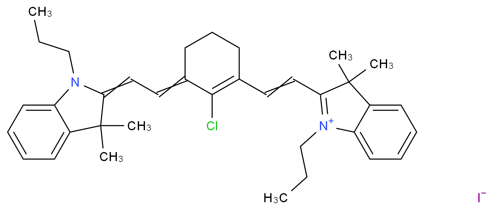 2-(2-{2-chloro-3-[2-(3,3-dimethyl-1-propyl-2,3-dihydro-1H-indol-2-ylidene)ethylidene]cyclohex-1-en-1-yl}ethenyl)-3,3-dimethyl-1-propyl-3H-indol-1-ium iodide_分子结构_CAS_207399-07-3