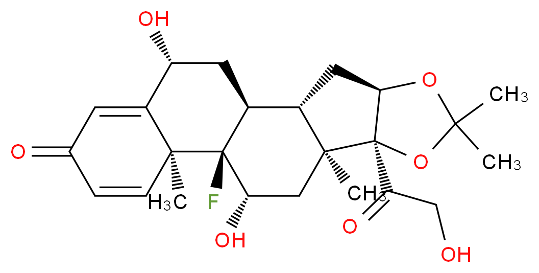 (1S,2S,4R,8S,9S,11S,12R,13S,19R)-12-fluoro-11,19-dihydroxy-8-(2-hydroxyacetyl)-6,6,9,13-tetramethyl-5,7-dioxapentacyclo[10.8.0.0<sup>2</sup>,<sup>9</sup>.0<sup>4</sup>,<sup>8</sup>.0<sup>1</sup><sup>3</sup>,<sup>1</sup><sup>8</sup>]icosa-14,17-dien-16-one_分子结构_CAS_3869-32-7