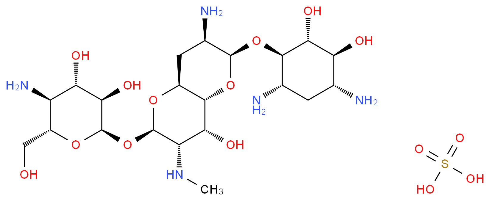 (2R,3R,4S,5S,6S)-2-{[(2R,3S,4R,4aR,6S,7R,8aS)-7-amino-6-{[(1R,2R,3S,4R,6S)-4,6-diamino-2,3-dihydroxycyclohexyl]oxy}-4-hydroxy-3-(methylamino)-octahydropyrano[3,2-b]pyran-2-yl]oxy}-5-amino-6-(hydroxymethyl)oxane-3,4-diol; sulfuric acid_分子结构_CAS_65710-07-8