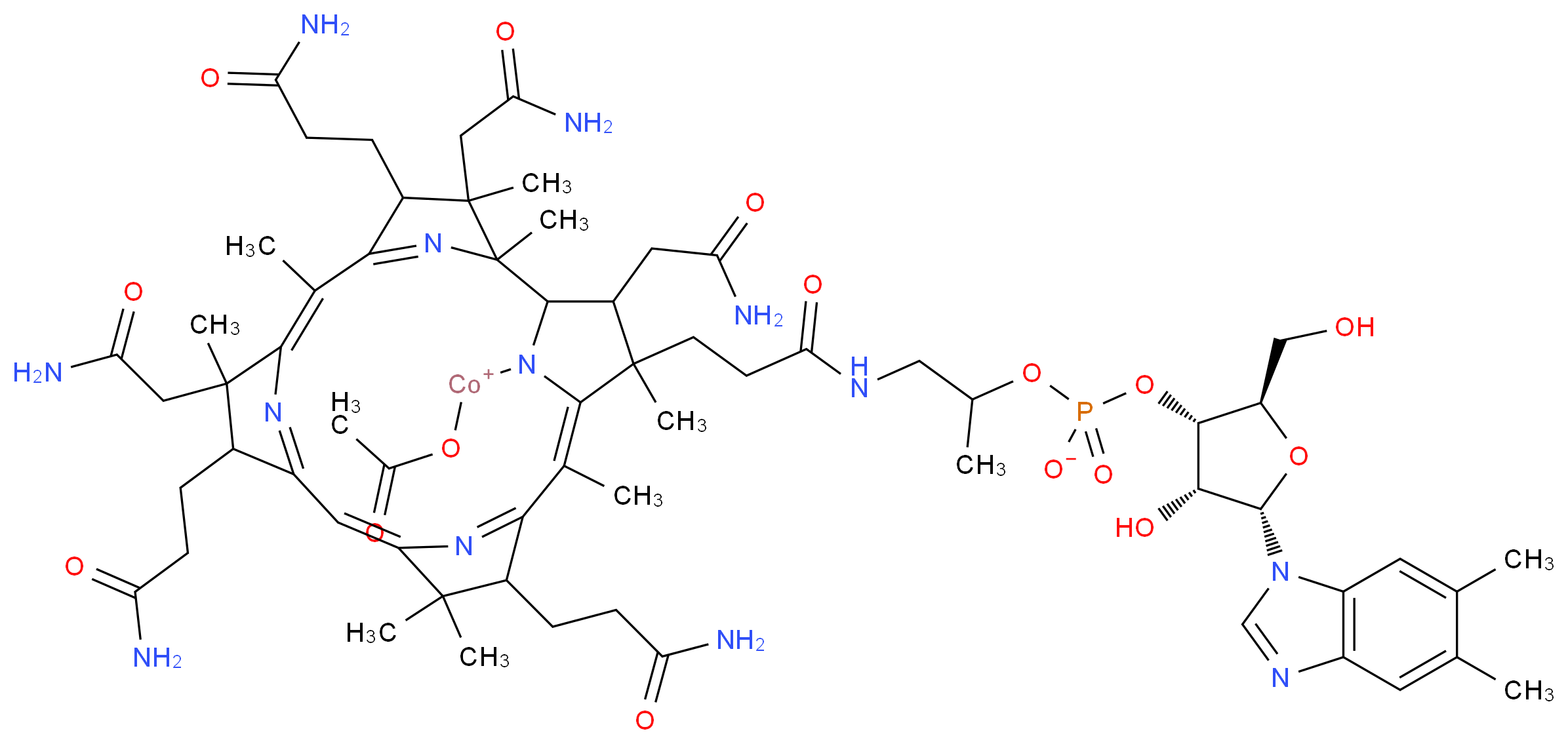 (acetyloxy)[(6Z,16Z)-4,9,14-tris(2-carbamoylethyl)-3,8,19-tris(carbamoylmethyl)-18-{2-[(2-{[(2R,3S,4R,5S)-5-(5,6-dimethyl-1H-1,3-benzodiazol-1-yl)-4-hydroxy-2-(hydroxymethyl)oxolan-3-yl phosphonato]oxy}propyl)carbamoyl]ethyl}-2,3,6,8,13,13,16,18-octamethyl-20,21,22,23-tetraazapentacyclo[15.2.1.1<sup>2</sup>,<sup>5</sup>.1<sup>7</sup>,<sup>1</sup><sup>0</sup>.1<sup>1</sup><sup>2</sup>,<sup>1</sup><sup>5</sup>]tricosa-5(23),6,10(22),11,15(21),16-hexaen-20-yl]cobaltylium_分子结构_CAS_22465-48-1