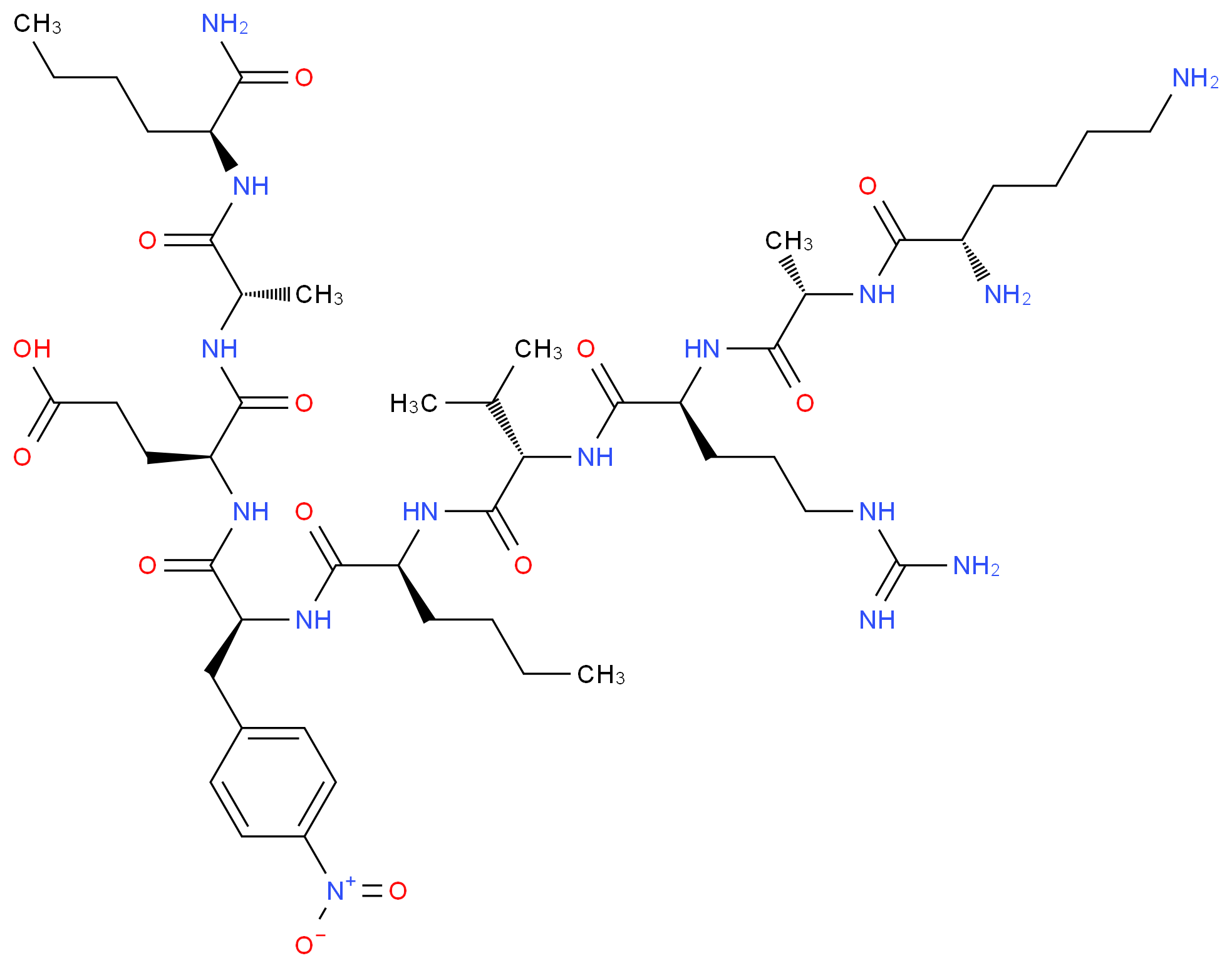 (4S)-4-[(2S)-2-[(2S)-2-[(2S)-2-[(2S)-5-carbamimidamido-2-[(2S)-2-[(2S)-2,6-diaminohexanamido]propanamido]pentanamido]-3-methylbutanamido]hexanamido]-3-(4-nitrophenyl)propanamido]-4-{[(1S)-1-{[(1S)-1-carbamoylpentyl]carbamoyl}ethyl]carbamoyl}butanoic acid_分子结构_CAS_128340-47-6