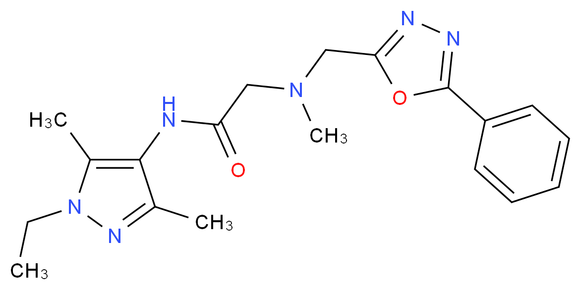 N-(1-ethyl-3,5-dimethyl-1H-pyrazol-4-yl)-2-{methyl[(5-phenyl-1,3,4-oxadiazol-2-yl)methyl]amino}acetamide_分子结构_CAS_)