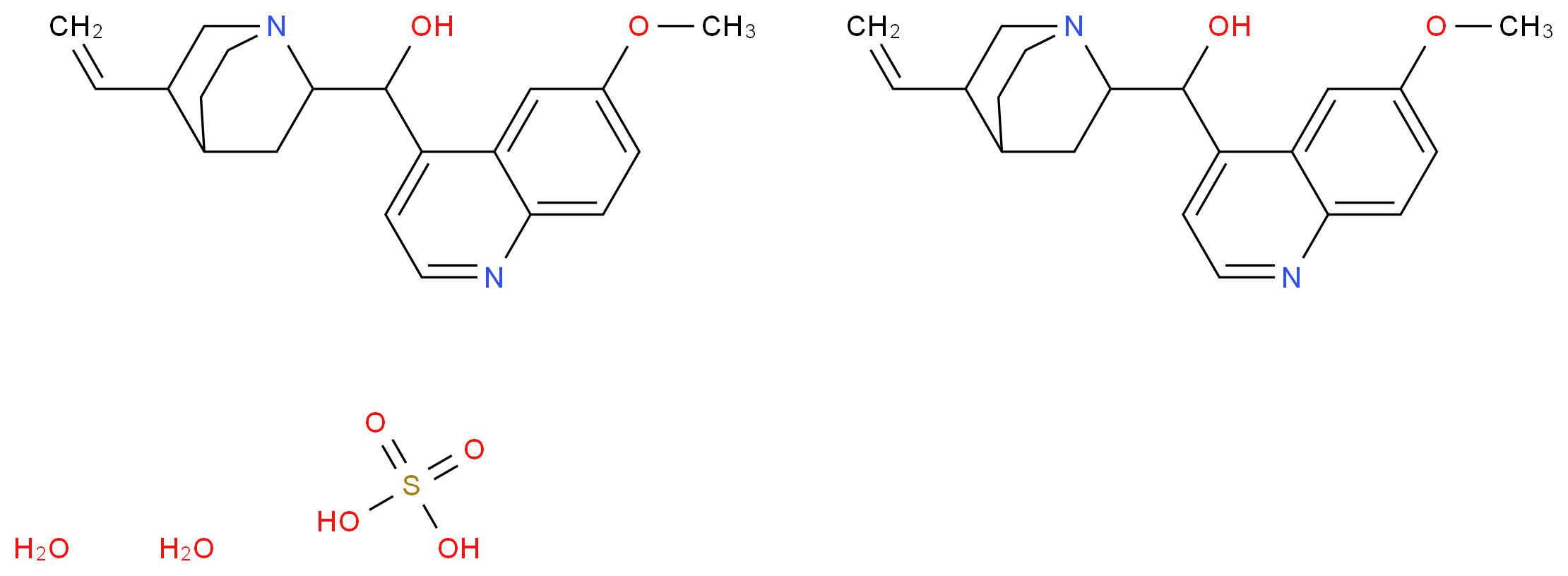 sulfuric acid bis({5-ethenyl-1-azabicyclo[2.2.2]octan-2-yl}(6-methoxyquinolin-4-yl)methanol) dihydrate_分子结构_CAS_6119-70-6