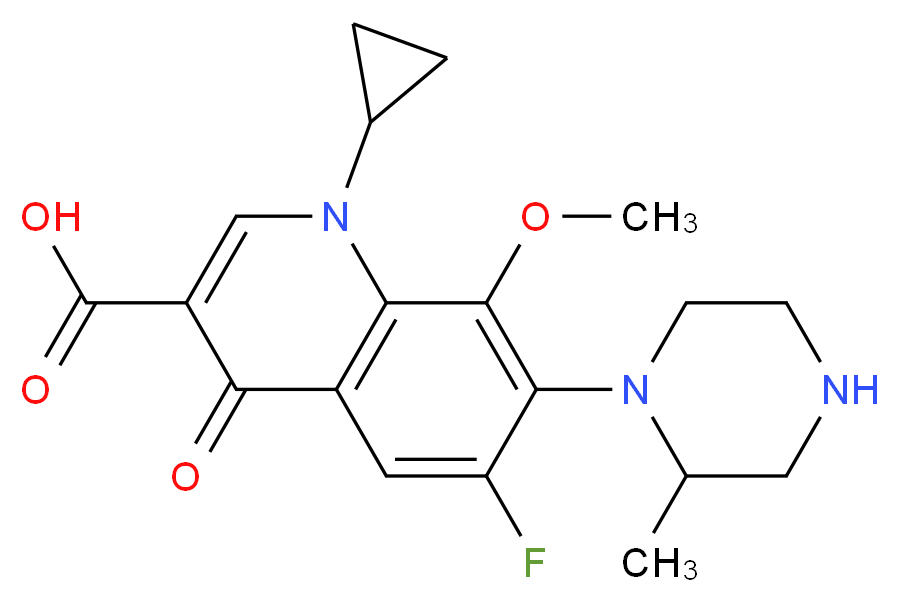 1-cyclopropyl-6-fluoro-8-methoxy-7-(2-methylpiperazin-1-yl)-4-oxo-1,4-dihydroquinoline-3-carboxylic acid_分子结构_CAS_1029364-65-5