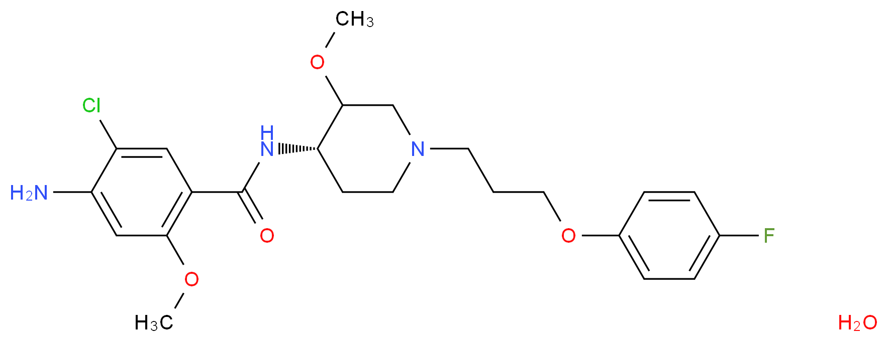 4-amino-5-chloro-N-[(4S)-1-[3-(4-fluorophenoxy)propyl]-3-methoxypiperidin-4-yl]-2-methoxybenzamide hydrate_分子结构_CAS_81098-60-4