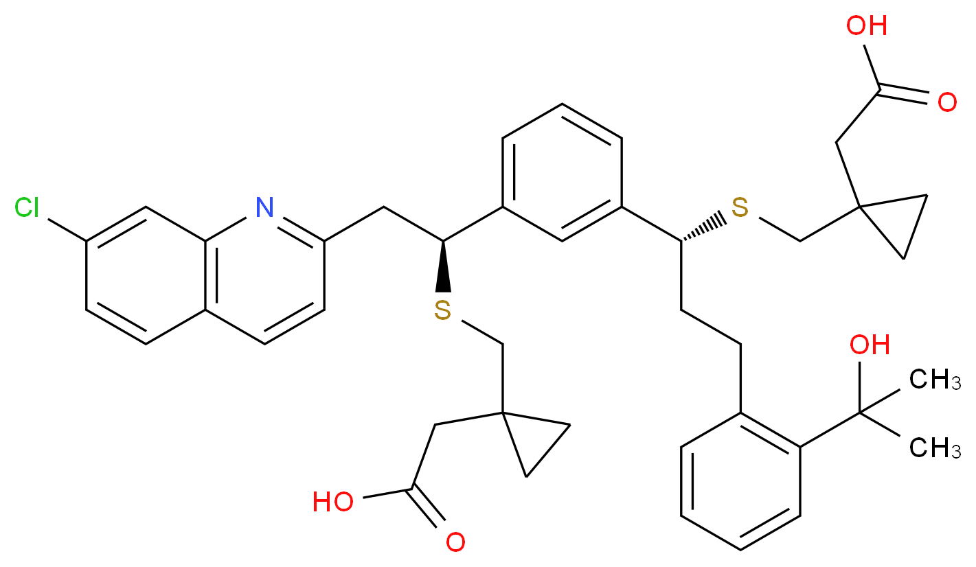 2-[1-({[(1S)-1-{3-[(1R)-1-({[1-(carboxymethyl)cyclopropyl]methyl}sulfanyl)-3-[2-(2-hydroxypropan-2-yl)phenyl]propyl]phenyl}-2-(7-chloroquinolin-2-yl)ethyl]sulfanyl}methyl)cyclopropyl]acetic acid_分子结构_CAS_1187586-61-3