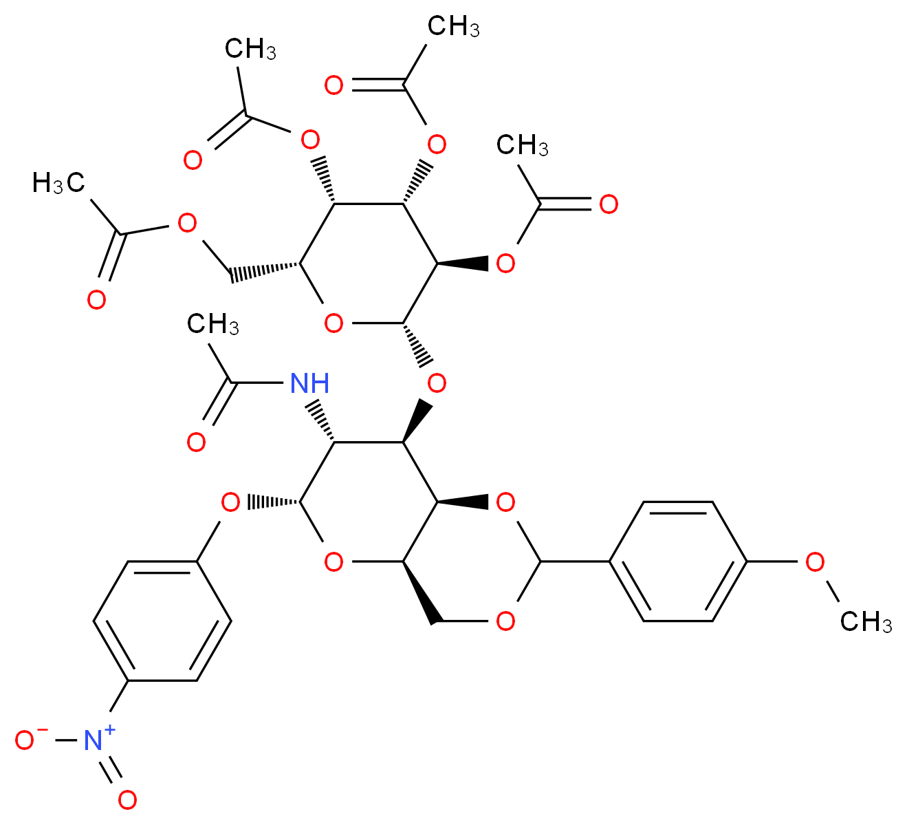 2-Acetamido-2-deoxy-4,6-O-(4-methoxybenzylidene)-3-O-(2,3,4,6-tetra-O-acetyl-β-D-galactopyranosyl)-4-nitrophenyl-α-D-galactopyranoside_分子结构_CAS_59837-11-5)